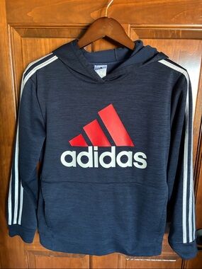 adidas Navy Pullover Hoodie with Red Logo- Boys L (14/16)